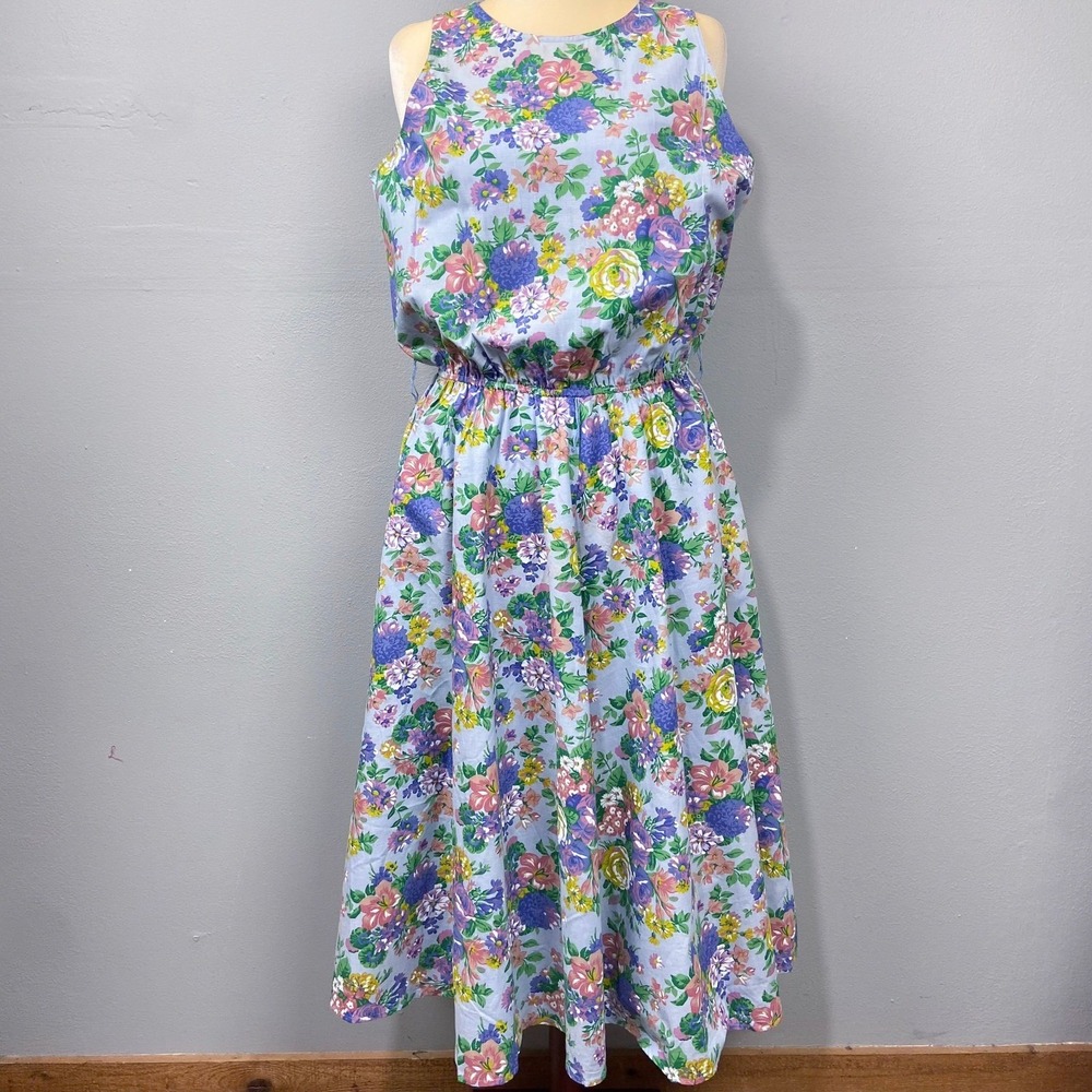 Vintage R&K Originals Midi Dress Sz 16 Floral Cotton Pockets‎ Cottagecore Garden